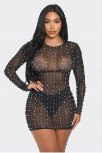 MESH RHINESTONE PEARL DETAIL DRESS