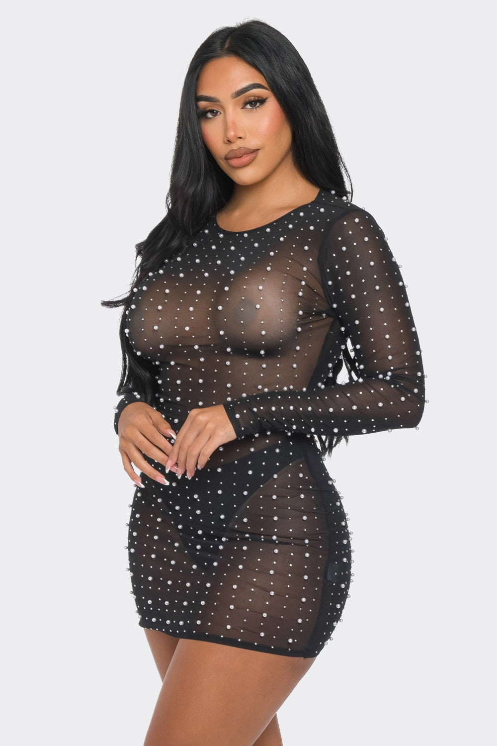 MESH RHINESTONE PEARL DETAIL DRESS