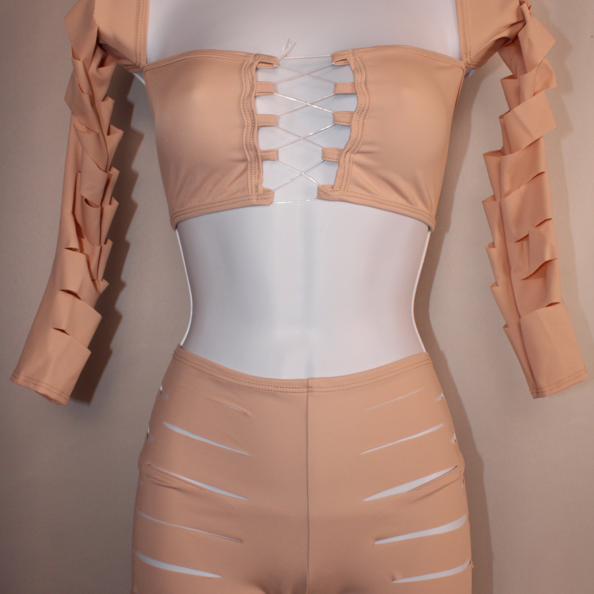 Long Sleeve Sliced Shorts Set Tan