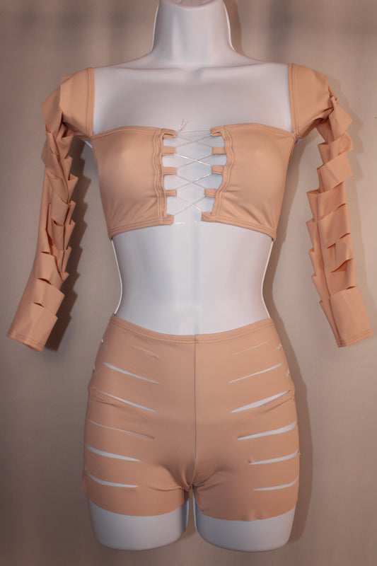 Long Sleeve Sliced Shorts Set Tan