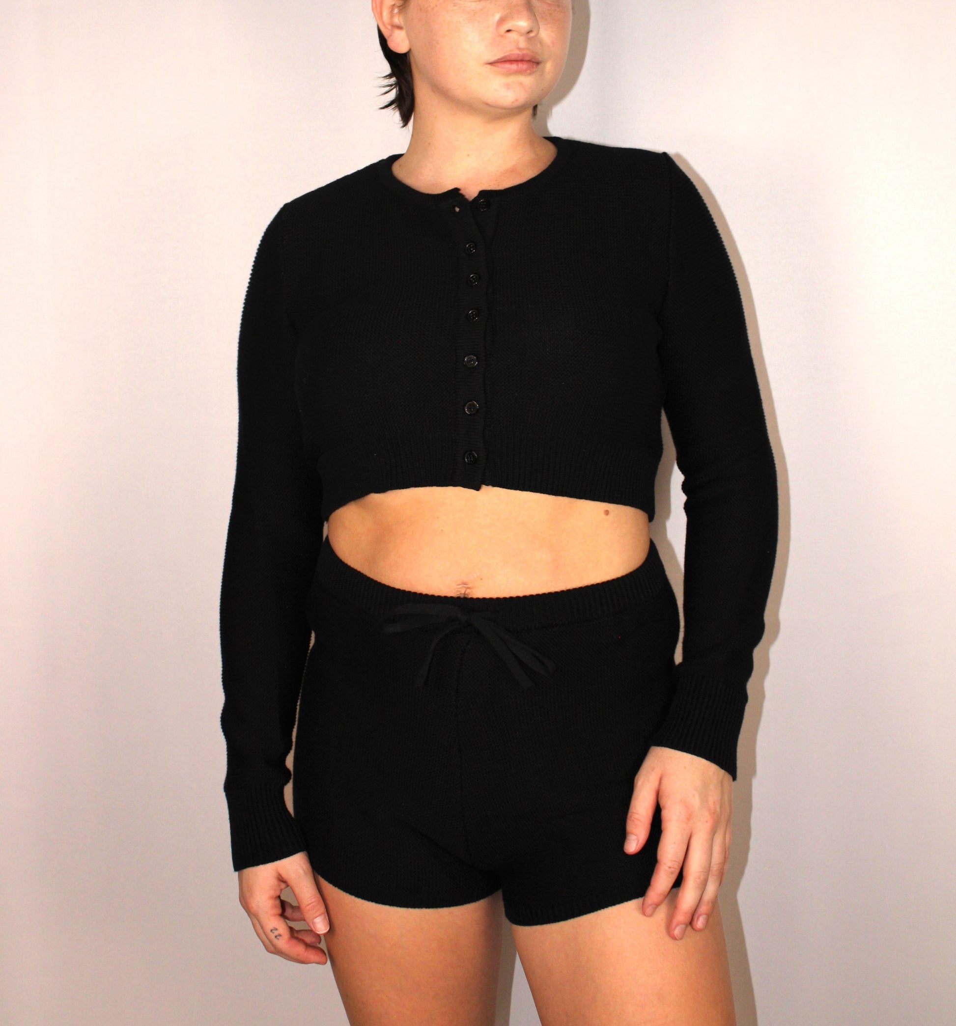 Knit Shorts and Button Up, Long Sleeve Top Color Black