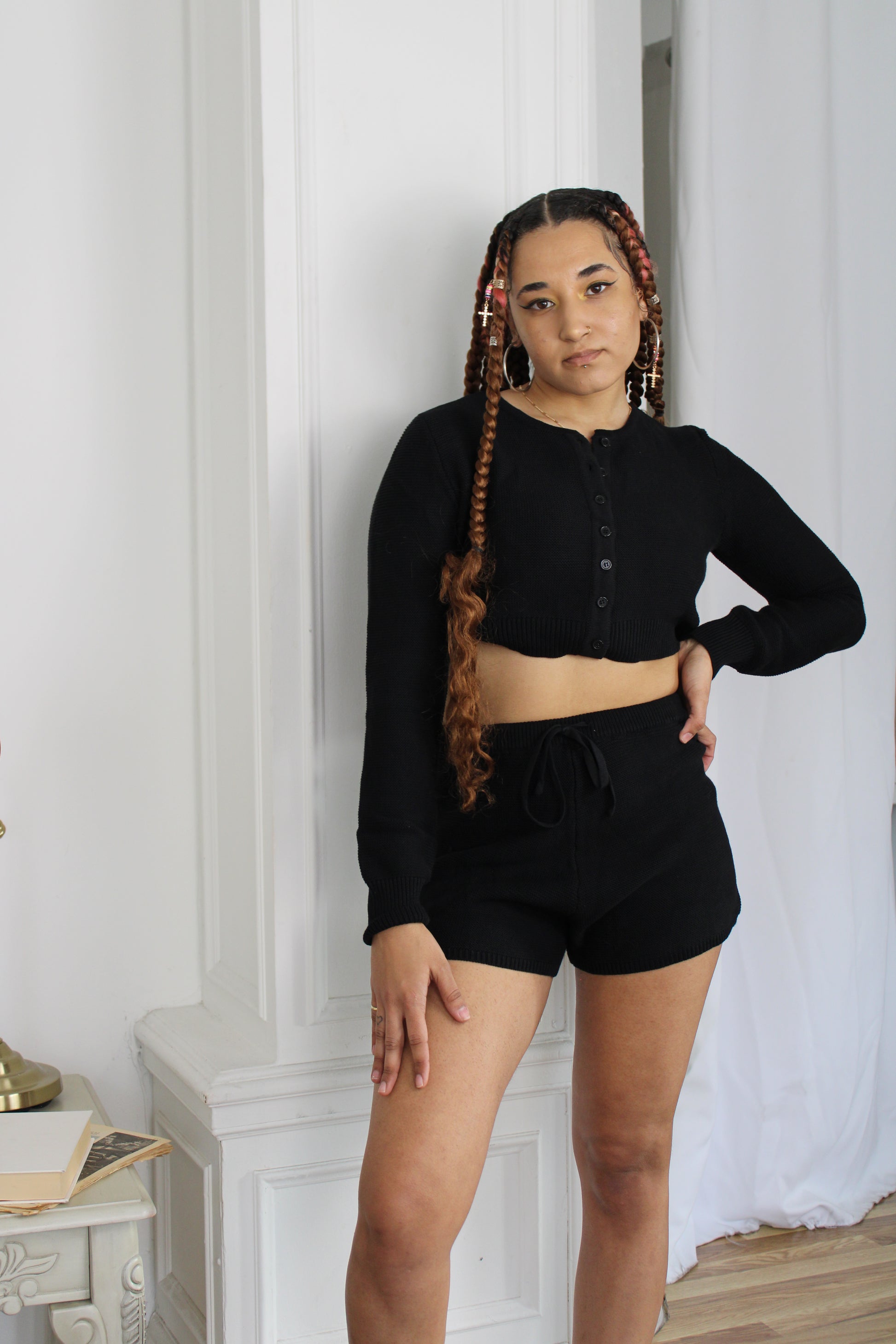 Knit Shorts and Button Up, Long Sleeve Top Color Black