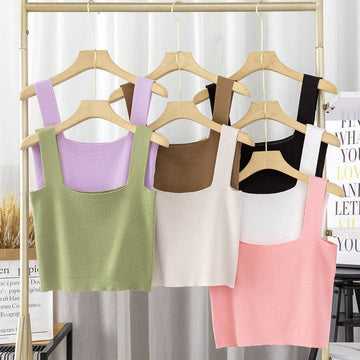 Ladie Solid Color Two Shoulder Daily Knit Crop Top