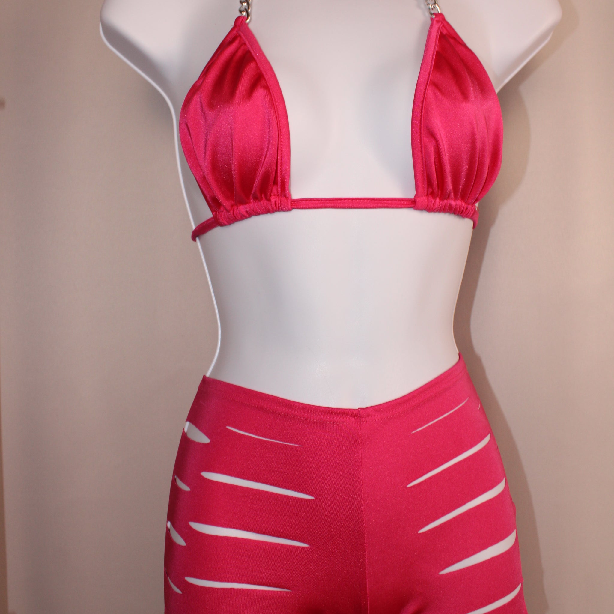 Hot Pink Sliced Shorts Set With Matching Thong