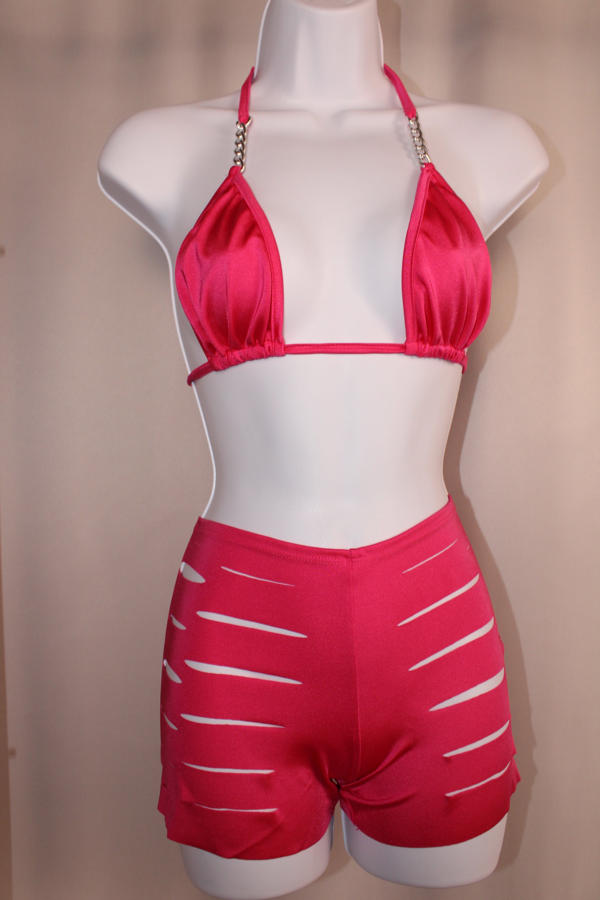 Hot Pink Sliced Shorts Set With Matching Thong