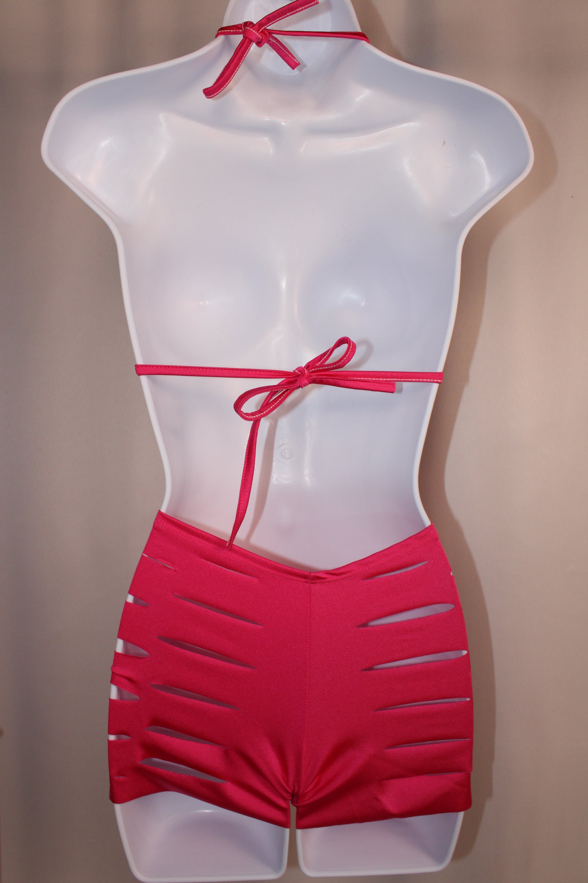 Hot Pink Sliced Shorts Set With Matching Thong