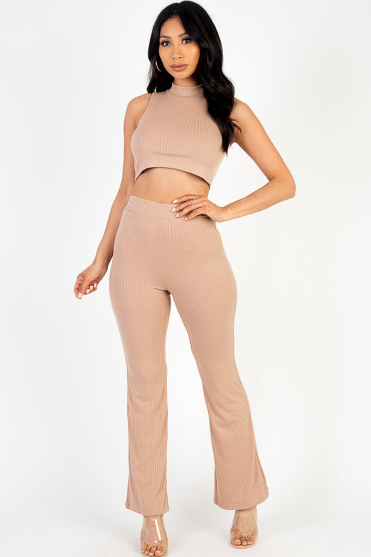 Ribbed Mock Neck Crop Tank Top & Bootcut Pants Set