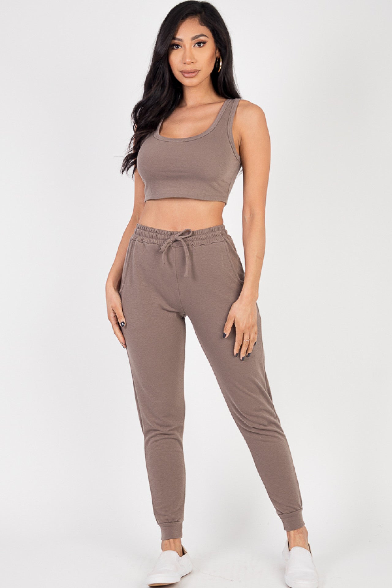 BEIGE FRENCH TERRY CROPPED TANK TOP & JOGGERS SET